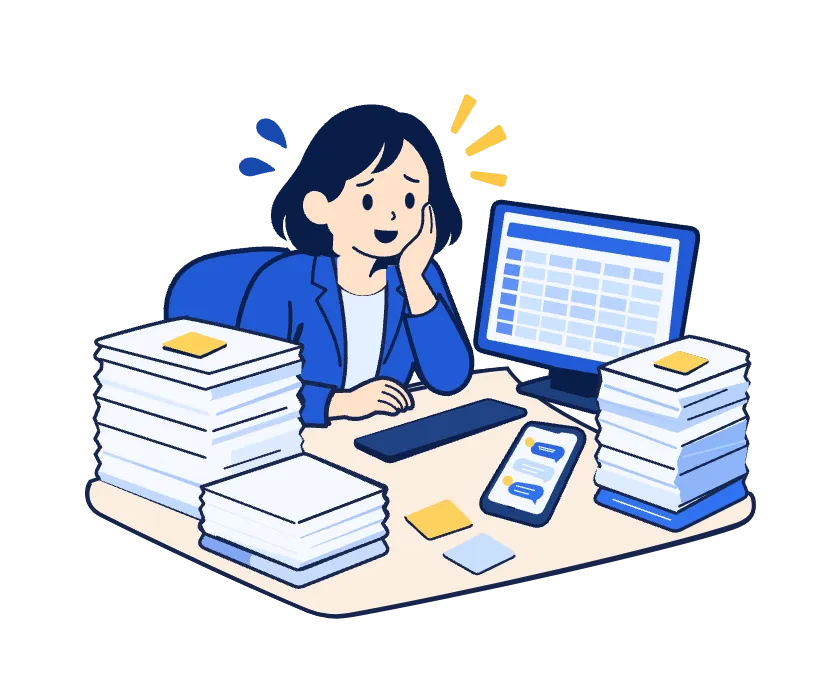 書類やパソコンの作業に追われる人のイラスト