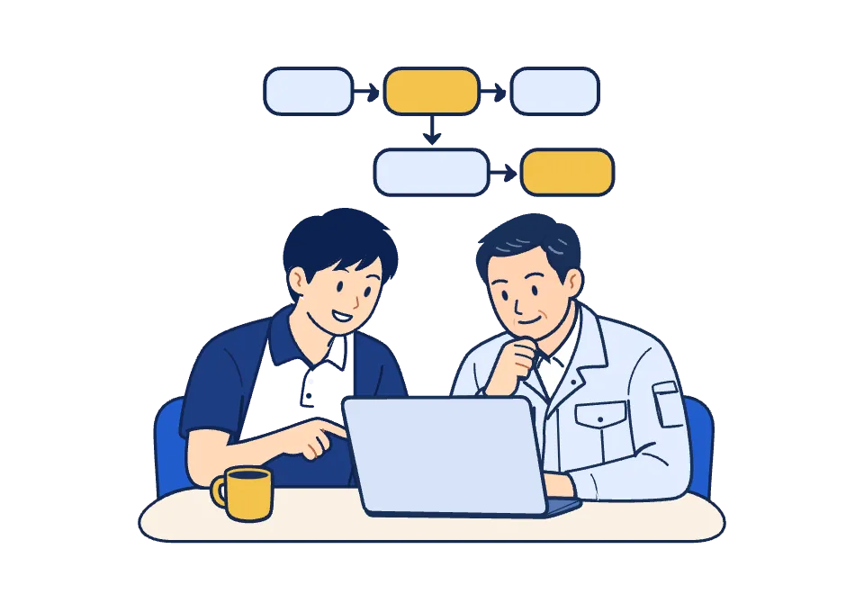現場の人とITパートナーが、机を囲んで一緒に考えるイラスト