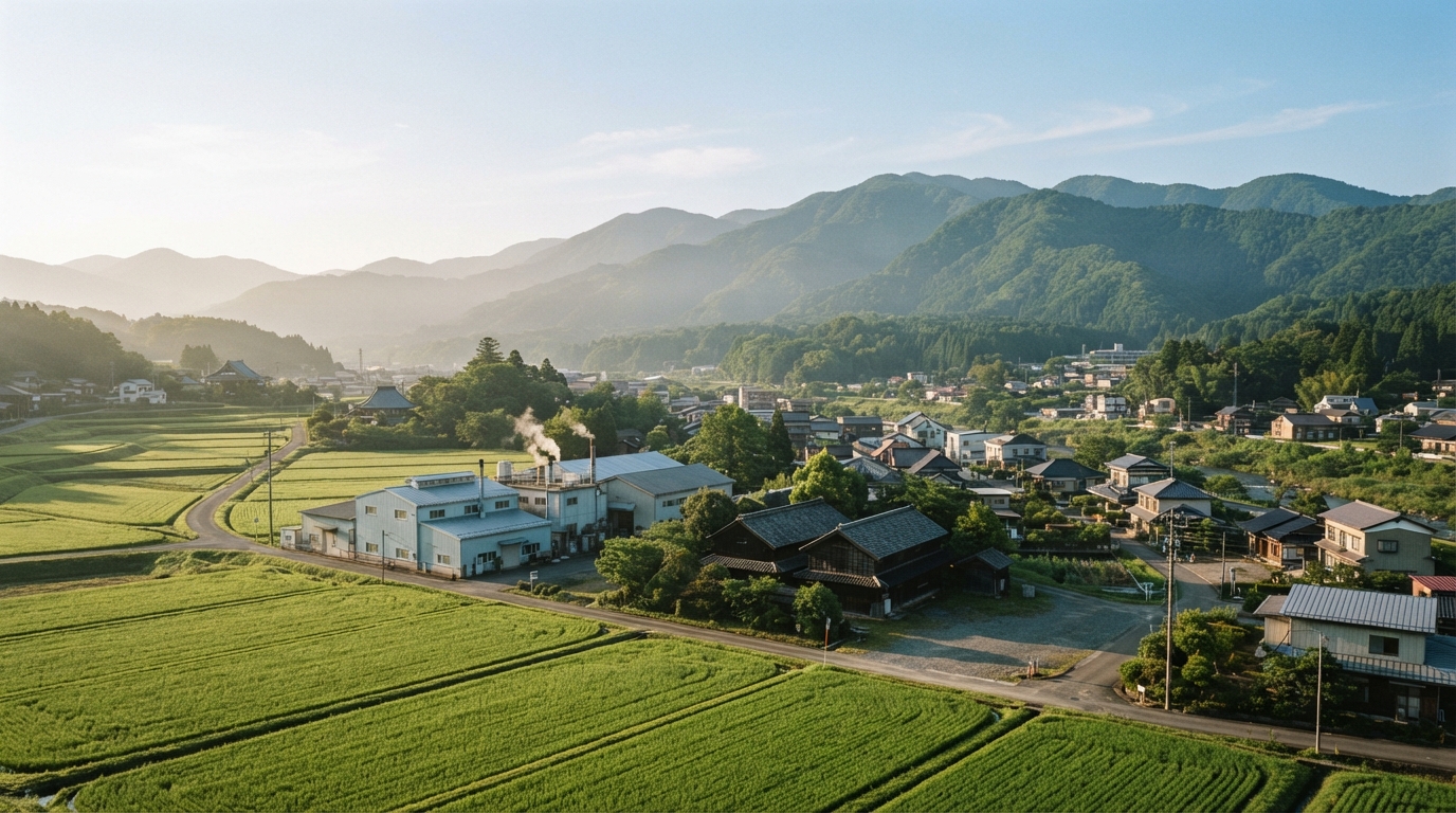 山々と田畑に囲まれ、工場や家々が広がる地域の風景のイメージ